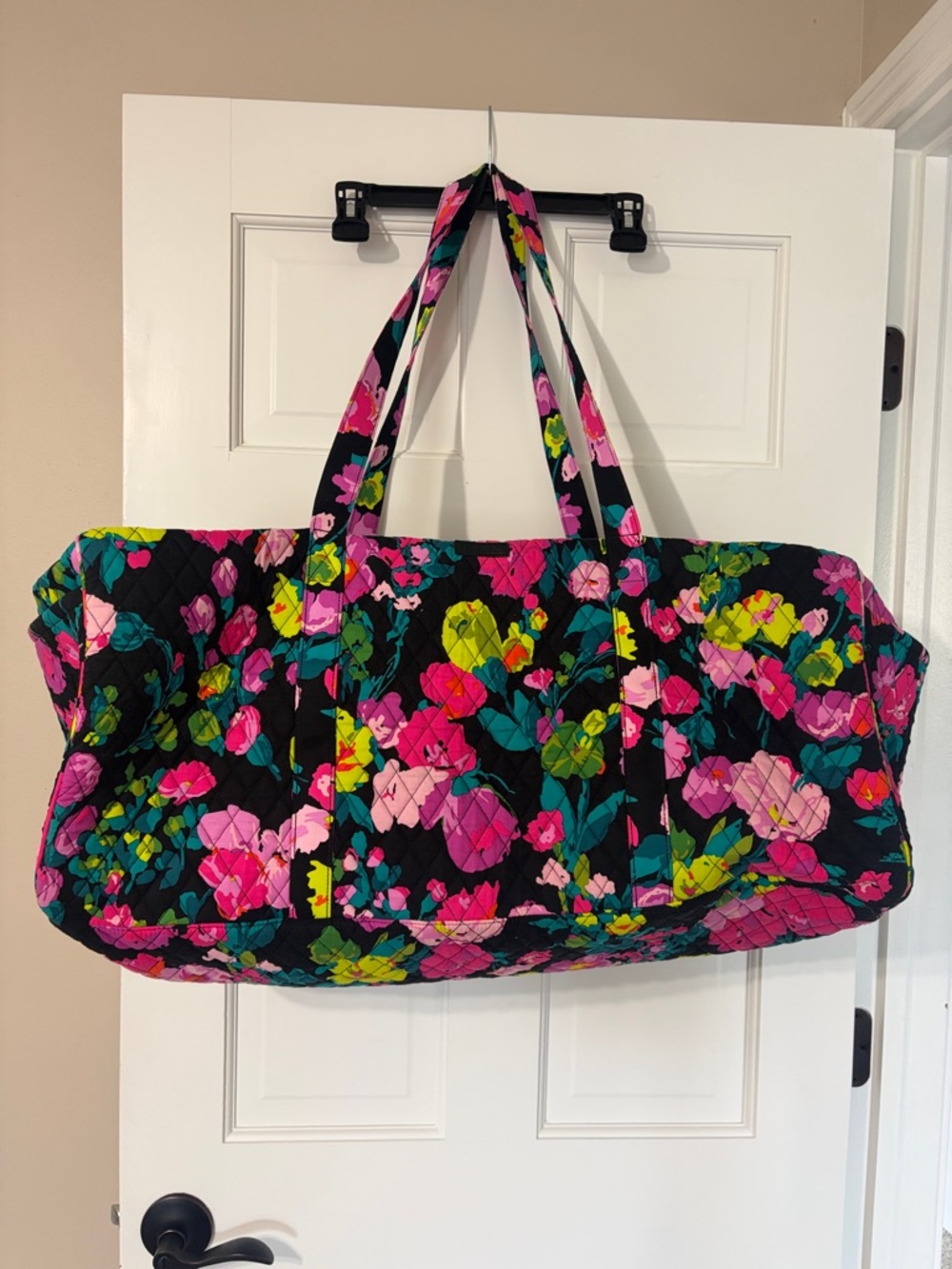 Vera Bradley Black Floral Quilted Travel Tote with Pink, Green & Blue Accents